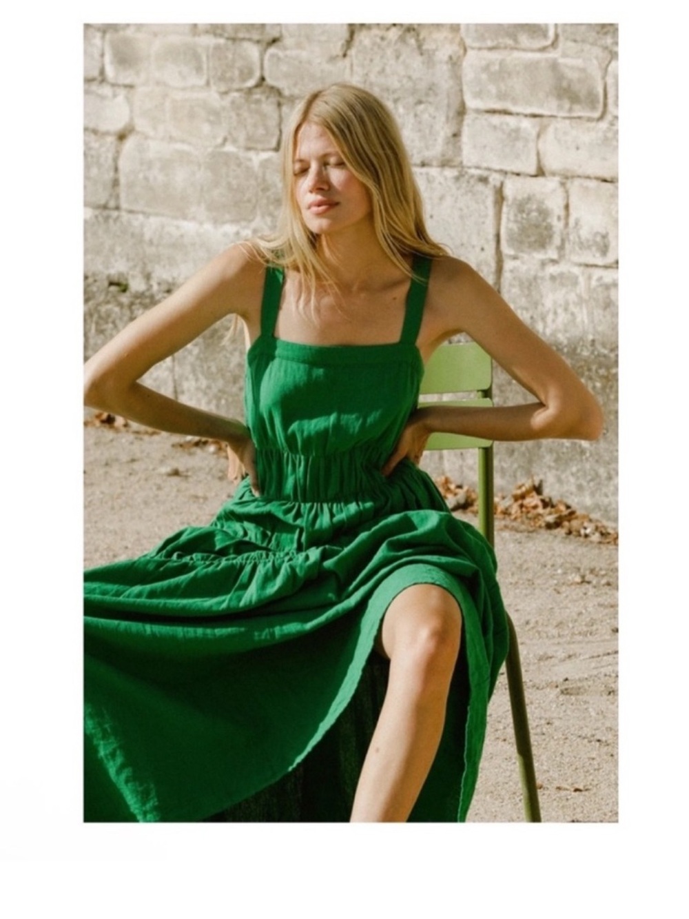 New! Rue Stiic Elsa Linen Tiered Flowy Summer Maxi Dress in French Green - Picture 2 of 13